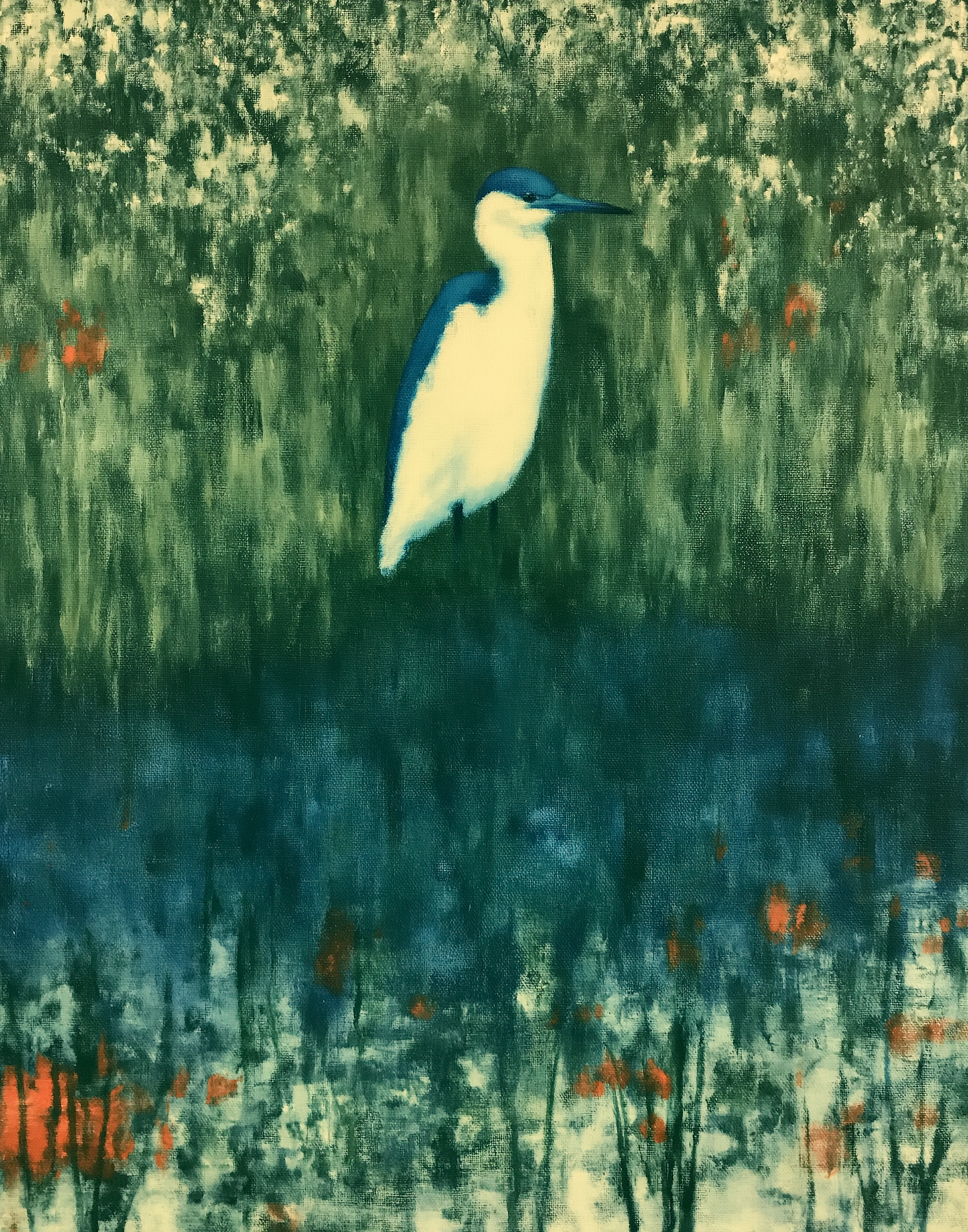 Artistic depiction of a heron in a natural setting with green and blue tones.