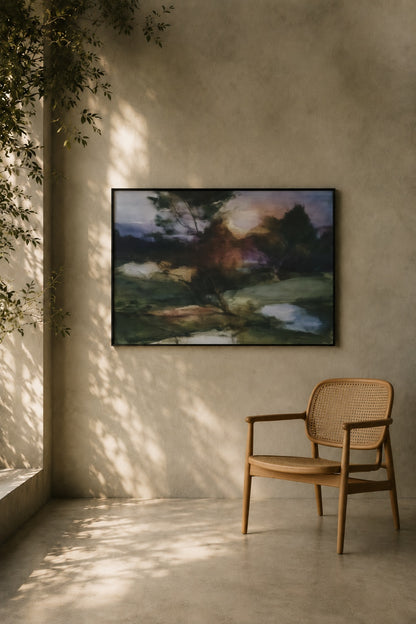 Woven chair in a room with a painting of a landscape on the wall.